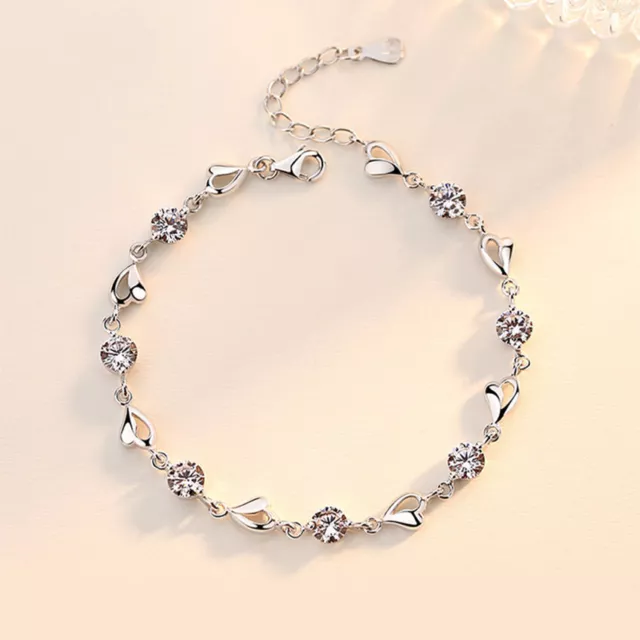 925 Sterling Silver Crystal Heart Chain Bracelet Bangle Womens Fashion Jewelry