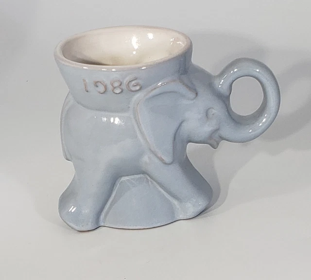 1986 Frankoma Pottery Elephant Mug Republican GOP Gray Blue