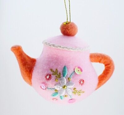 Teapot Christmas Ornament Teacup Tea Time Embroidered Fuzzy Fabric Felt Cup New