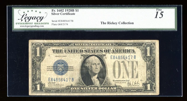DBR 1928-B $1 Silver Funnyback Fr. 1602 EB Block Legacy 15 Serial E84856417B