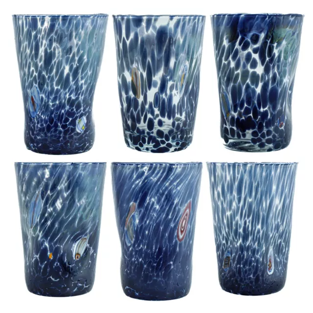 Set of Six 6 Murano Glass Drinking Art Tumblers Blue Handmade Millefiori