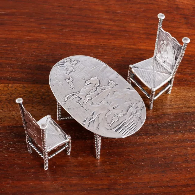 Early Superb Dutch 930 Silver Miniature Table & Two Chairs Pastoral Scenes