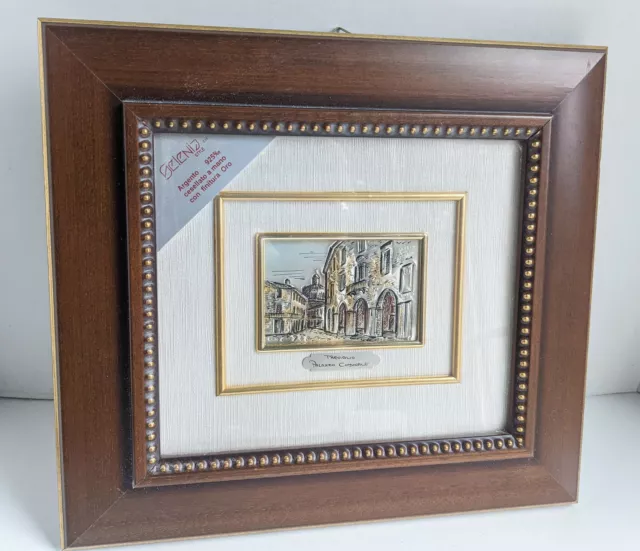 Made In Italy 925 Sterling Silver 3D Relief Framed Art Treviglio Palazzo COA