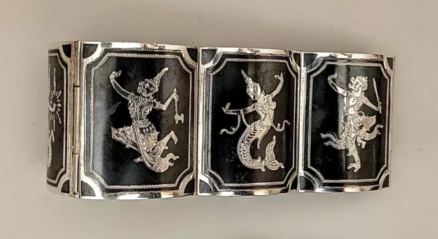 Vintage Sterling Silver & Niello 7 Panel Bracelet Dancers Siam 45.1 grams