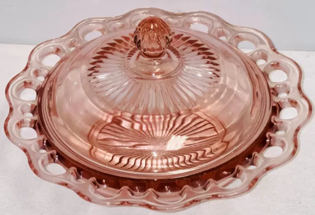 Anchor Hocking OPEN LACE EDGE/OLD COLONY PINK BUTTER DISH BONBON W/COVER 2