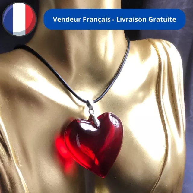 Superbe Collier Grand pendentif Coeur Rouge Translucide - Cadeau - Amour