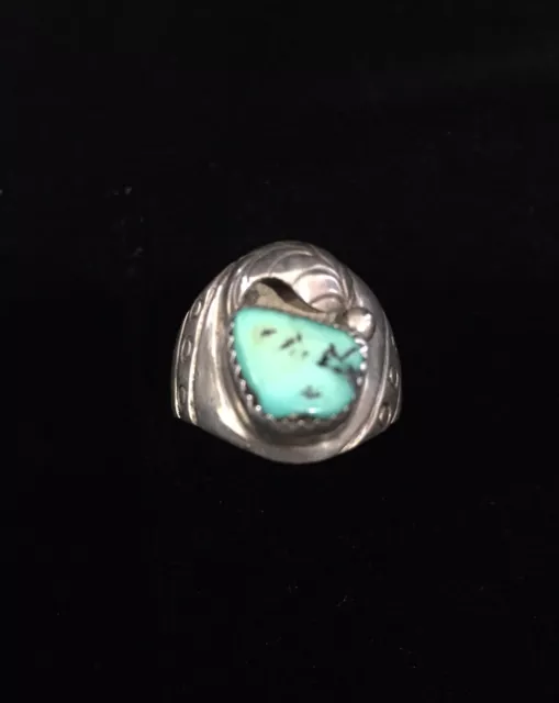 Vintage Old Pawn Navajo Sterling Silver Men’s Turquoise Ring CL Hallmark Siz 9.5