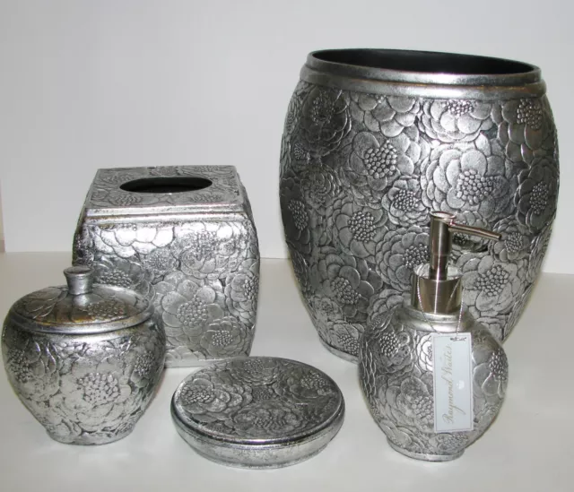 5 Pc Set Metallic Silver 3D Floral Resin Soap Dispenser+Tissue+Jar+Trash Can+Mor 3