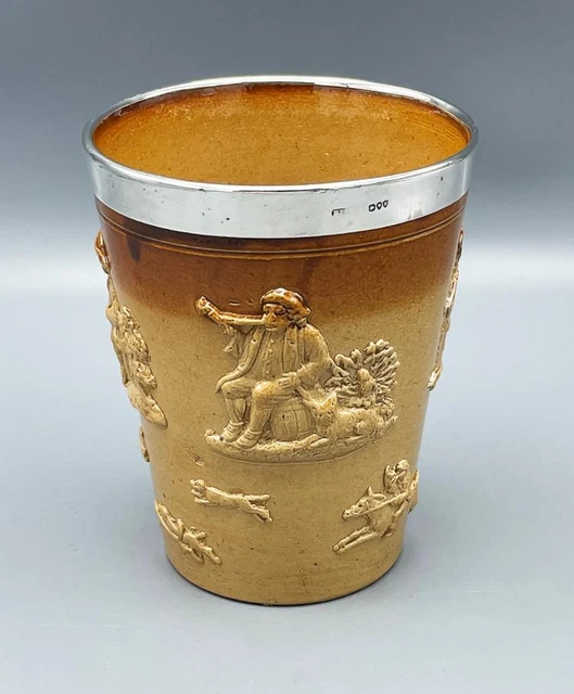 DOULTON LAMBETH STONEWARE BEAKER Silver Rim LONDON 1880