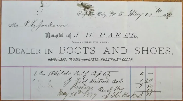 Virginia City, MT 1879 Letterhead: Boots & Shoes, J H Baker - Montana Territory