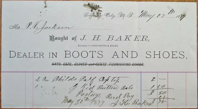 Virginia City, MT 1879 Letterhead: Boots & Shoes, J H Baker - Montana Territory