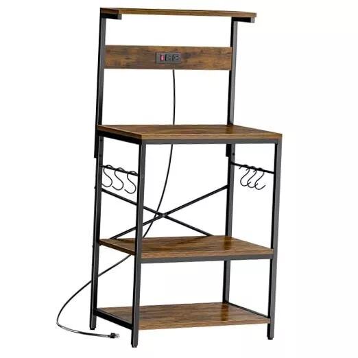 Kitchen Bakers Rack with Power Outlet, Coffee Bar Table 4 Tiers, Rustic Brown