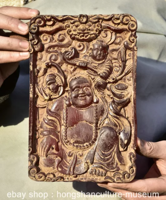 8" Old Chinese Red Amber Carving Feng Shui Maitreya Buddha Tongzi Screen