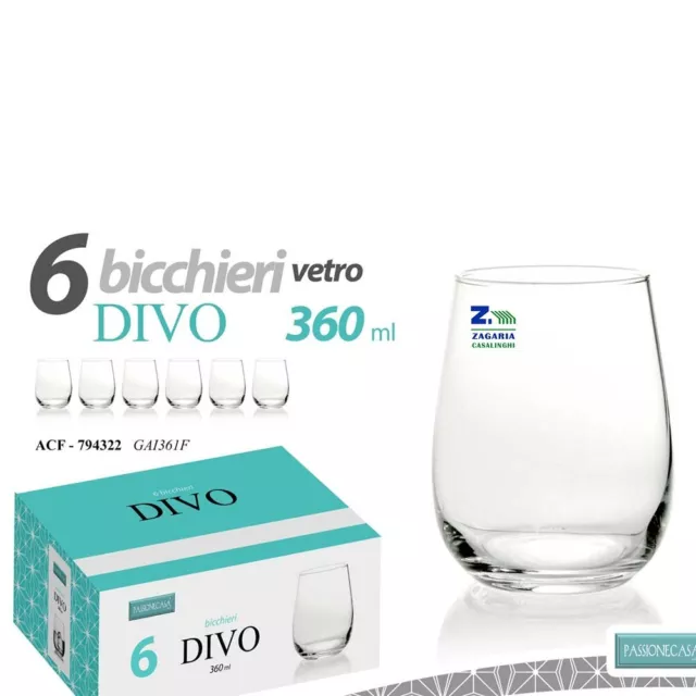 Set 6 Pz Bicchiere Vetro Divo 360 Ml Acqua Vino Bibita Acf-794322