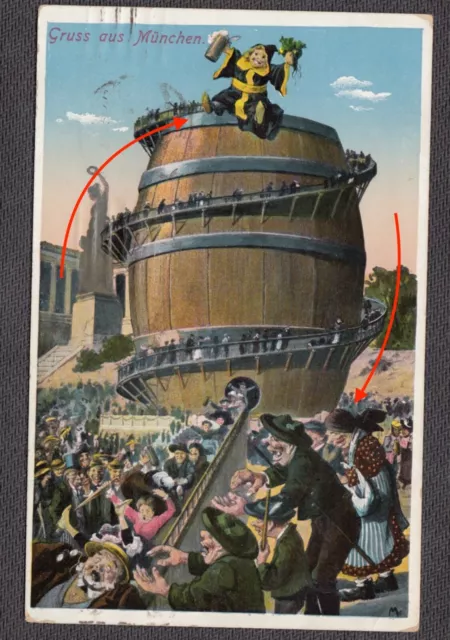AK München Oktoberfest Bier Fass Rutsche Münchner Kindl 1918 gelaufen