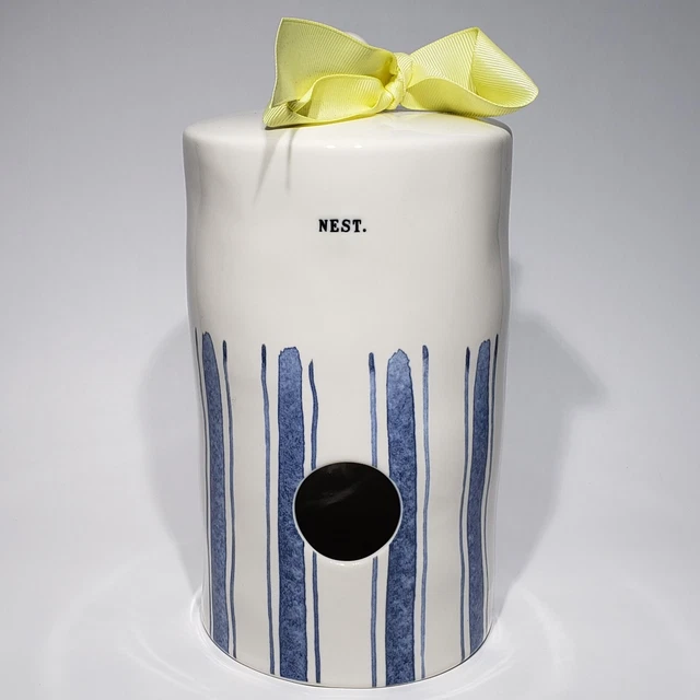 RAE DUNN Nest Bird House Blue Stripe Log Cylinder with Tag