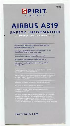 Spirit Airlines Airbus A319 Safety Information Card 12/6/04