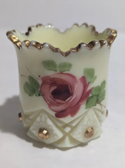 EAPG Jefferson Diamond Custard Glass Toothpick Holder - Hand Painted Rose - 1911