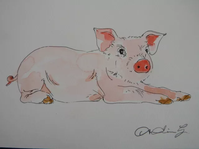 Original Aquarellgemälde eines Ferkelschweins auf Elfenbein Aquarellpapier