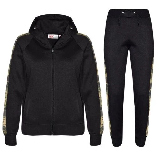 Bambine Ragazzi Tuta da Jogging Nero IN Pile Felpa con Cappuccio Fondo Imbottiti