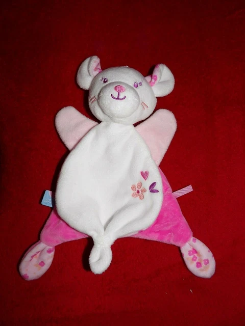 Doudou Plat Sucre d'Orge Souris Blanche Rose Brodé Fleur Coeur