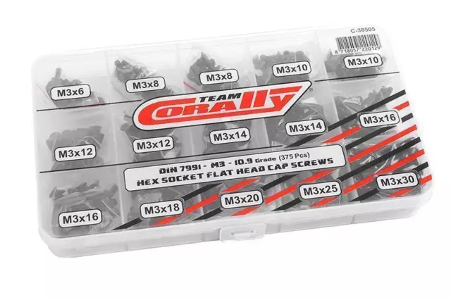 Set viti pezzi di ricambio Team Corally M3 testa piatta esagonale DIN 7991 acciaio nero 10,9 grammi