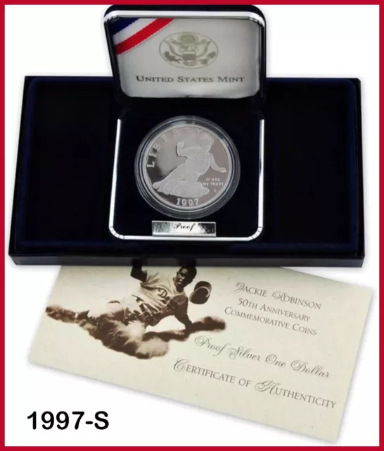 1997-S Jackie Robinson 50th Anniversary Commemorative Proof Silver Dollar OGP