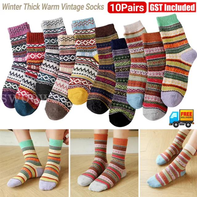 10Pairs Winter Nordic Wool Blends Cashmere Thick Warm Knitted Thermal Crew Socks