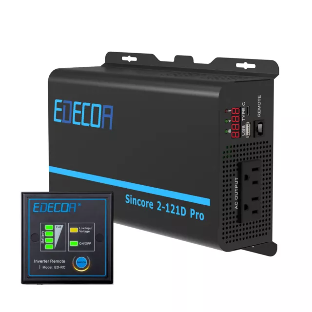EDECOA Power Inverter Pure Sine Wave 12V DC to 120V AC 1200W USB Type C PRO