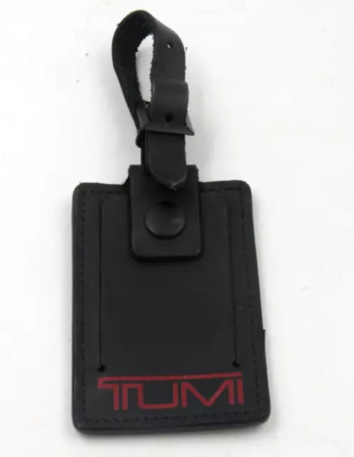 TUMI Luggage Tag Black Leather Red Logo Genuine 3.5" x 2.75"