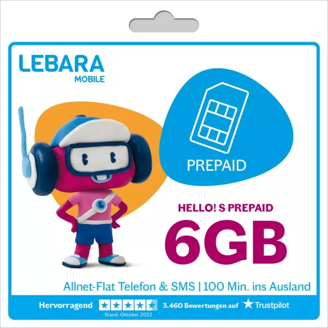 LEBARA Hello! S Prepaid SIM-Karte | Allnet Flat Telefonie & SMS | 6GB Datenvol.