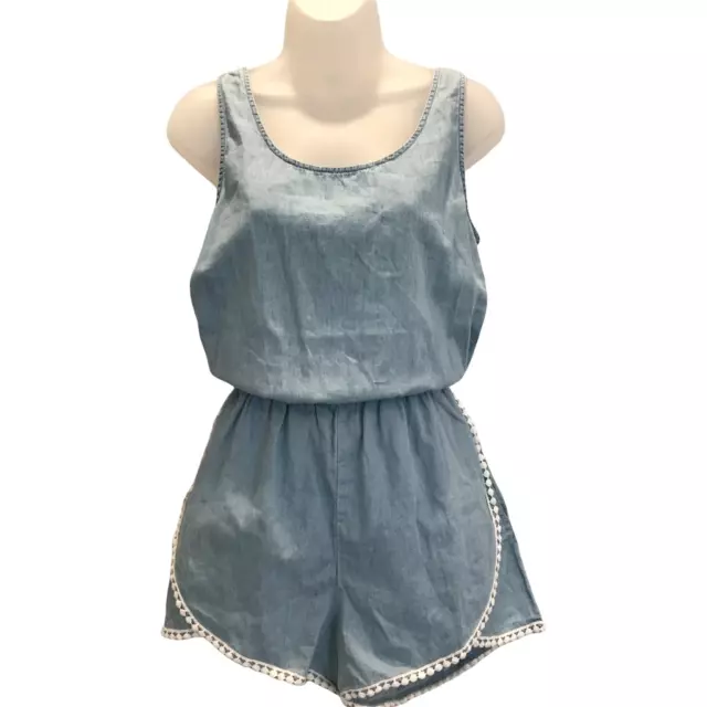 Mimi Chica Womens Chambray Romper Size S Playsuit Blue Keyhole Pockets Lace Trim