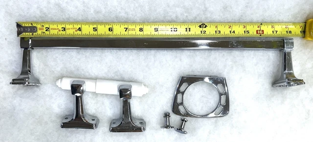 1964 Polished Chrome Bathroom Towel Bar, TP Holder, Toothbrush Holder, 2 Knobs
