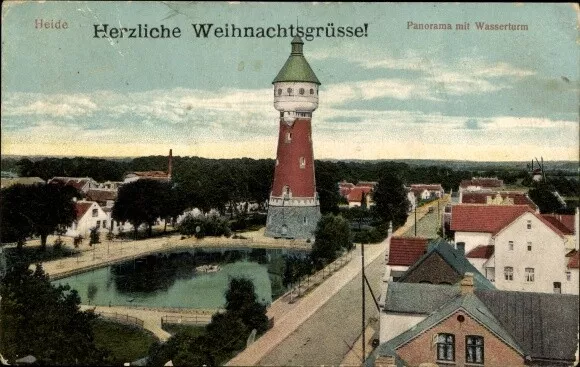 Ak Heide in Holstein, Panorama mit Wasserturm - 10631429