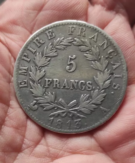 France Piece de 5 Francs Napoléon Empereur, Empire Français de 1813 A Paris 3