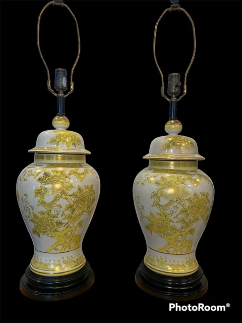 Pair VTG Marbro Lamps Porcelain Yellow Floral Table Lamp oriental Ginger Jar Urn