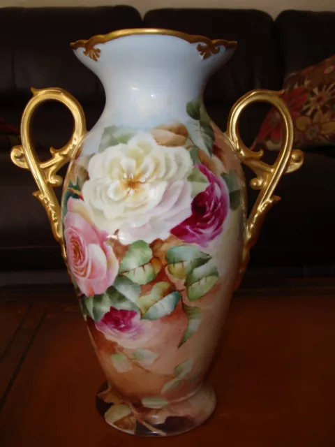 Gorgeous Antique Limoges Hand Painted Vase, Roses & Gold, 12"