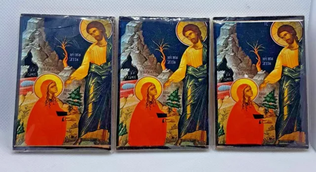 Mary Magdalena small icons hand made on wood and photograph pic in holy land 3pc
