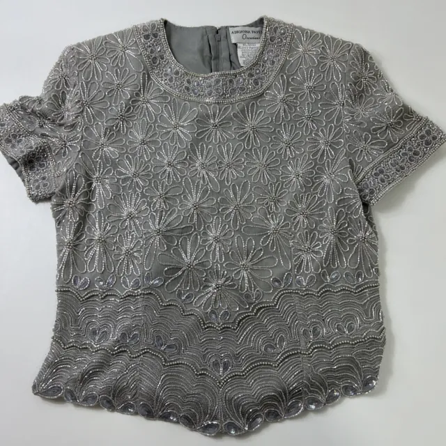 Adrianna Papell Occasions Evening Beaded Silk Top Shirt Blouse Size 10 Grey