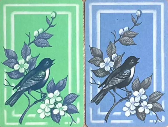 Genuine Linen Pair Swap / Playing Cards, Birds, Flowers, Blue, Green, Border