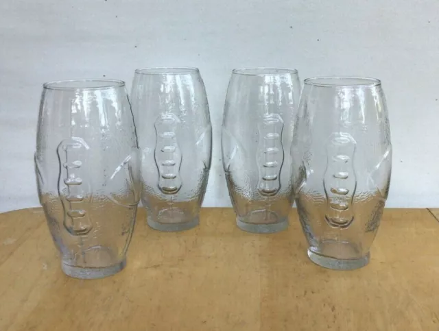 Set of 4 LIBBEY FOOTBALL SHAPED GLASSES Clear Tumblers with Embossed Laces