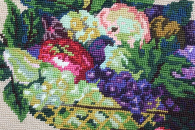 Finished Handmade Needlepoint Tapestry Fabric Fruit Bowl Pillow Chair 21 x 17 3