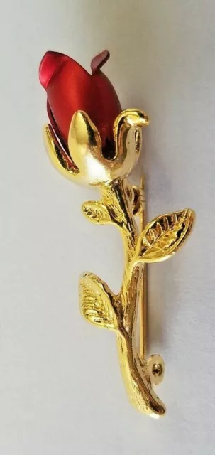 Petite Red Rose Pin 18 K Gold Finish Rosebud Beautiful Roses Unique Rare