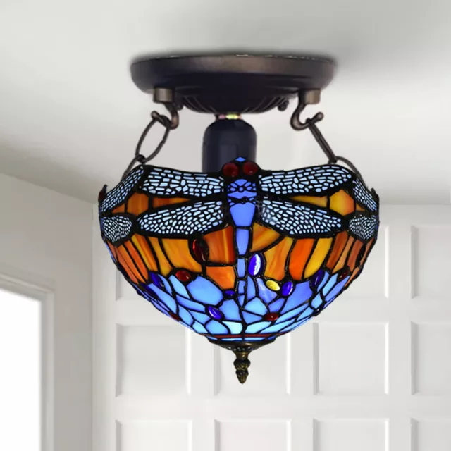 Tiffany Antique Style Blue Dragonfly Ceiling Lamp 10 inch Stained Glass Shade UK