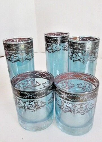5 Vtg Aqua Blue Tom Collins Glasses Silver Victorian Style Overlay Set LOT