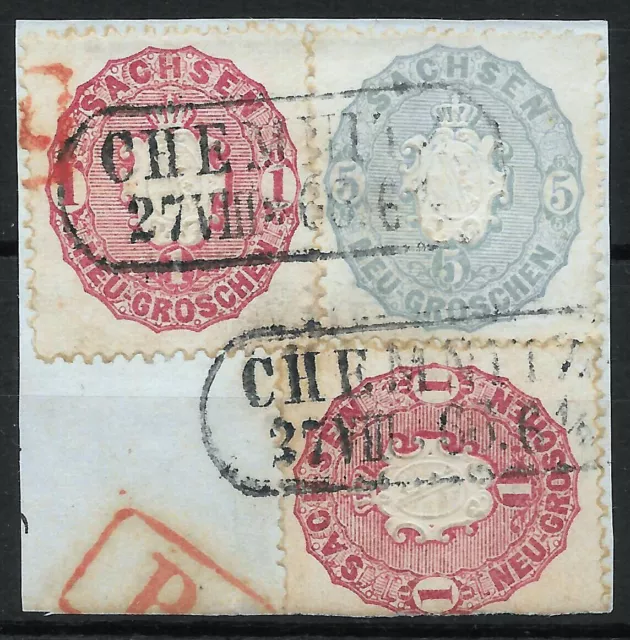 Sachsen 1863 . 2xMiNr.16a + MiNr.19a . auf Briefstück . BPP BEFUND