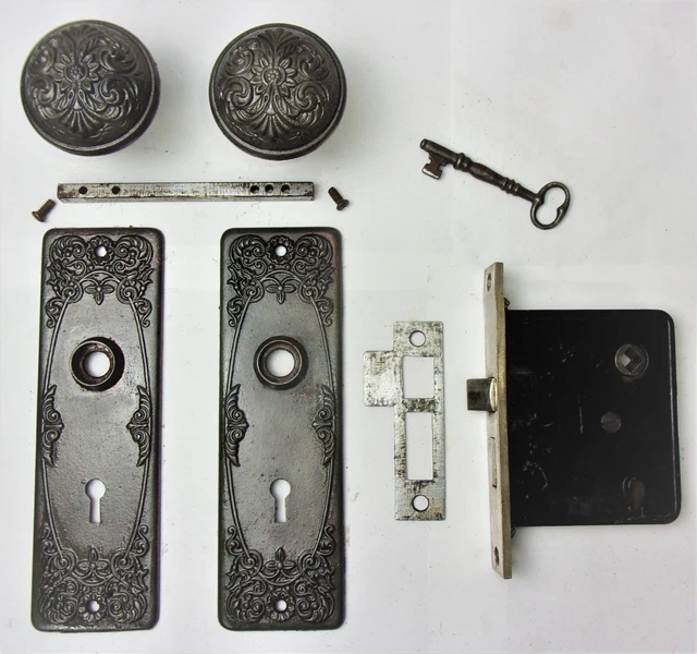 Antique Entrance Door Set Victorian / Eastlake Backplate Knob Mortise Lock Key