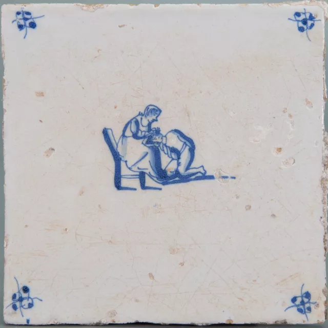 Nice Dutch Delft Blue tile, delousing, rare!, 18th century.