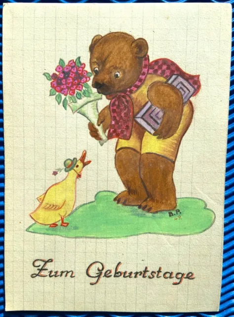 AK Postkarte Handgemalt Bär mit Ente als Rosenkavalier Bruno Pilot 1949