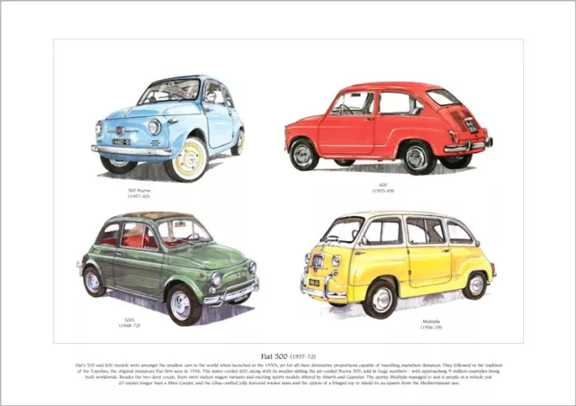 FIAT 500 - Fine Art Print  A3 size - 500L, Nuova, 600 & Multipla city car images